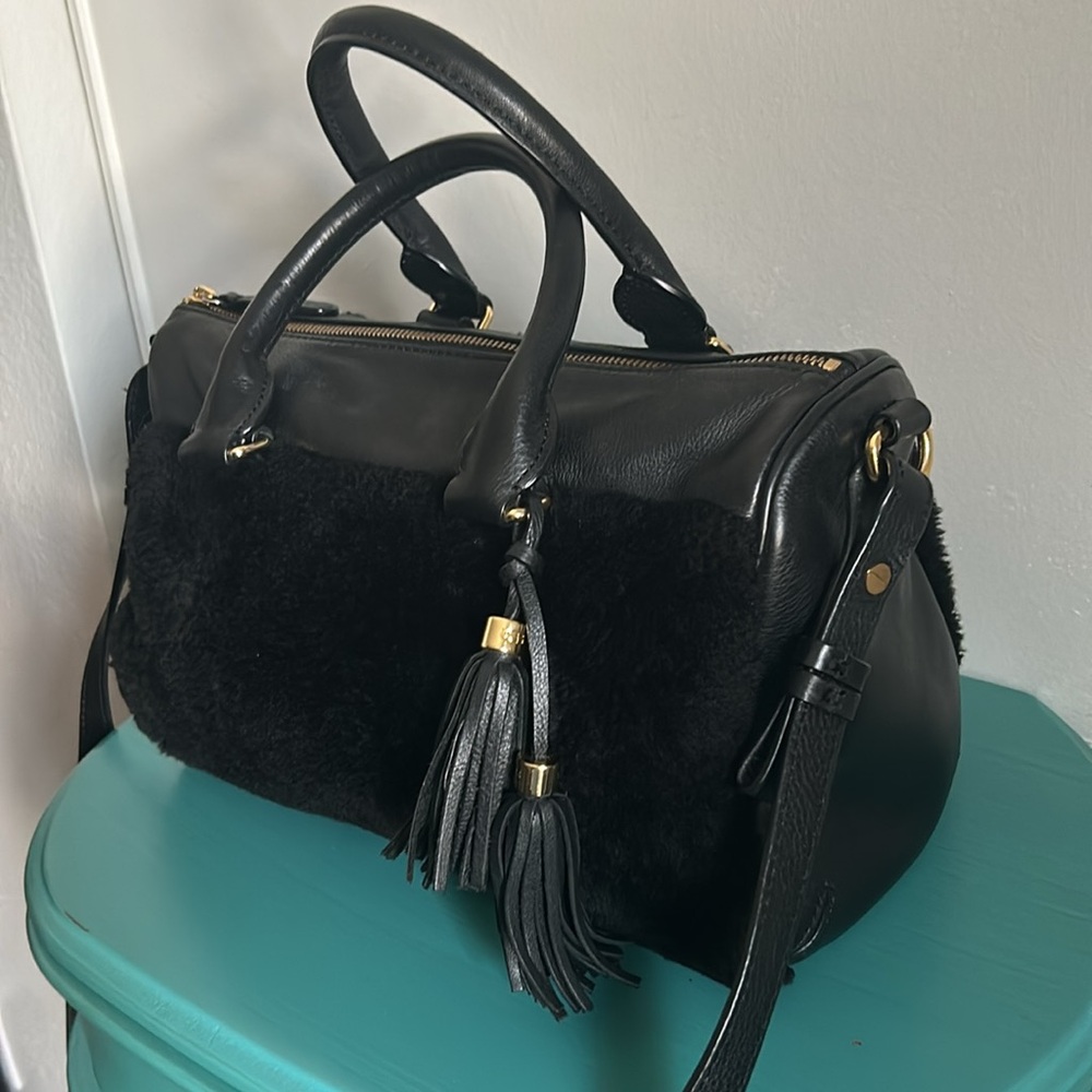 UGG Sheep Skin Black Top Zip Handbag with Attached Crossbody Strap